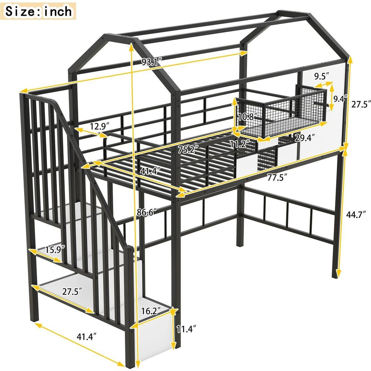 Metal Loft Bed with roof design and a storage box, Twin, Black