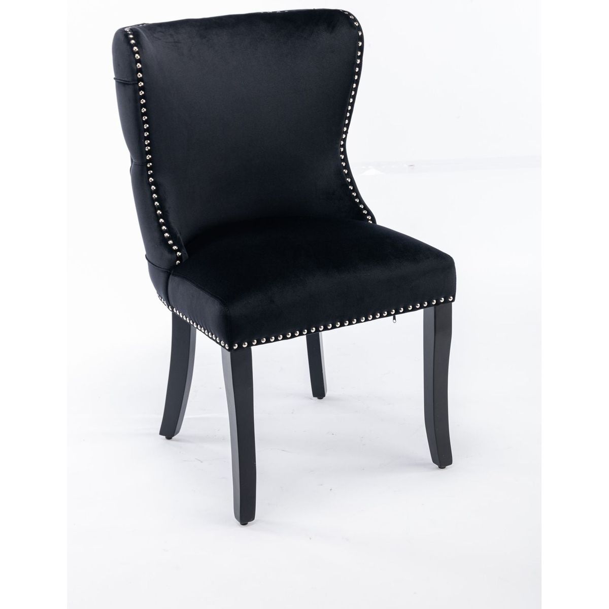 Set of 2 Black Velvet upholstered wing-back dining chair with backstitching nailhead trim and solid wood legs