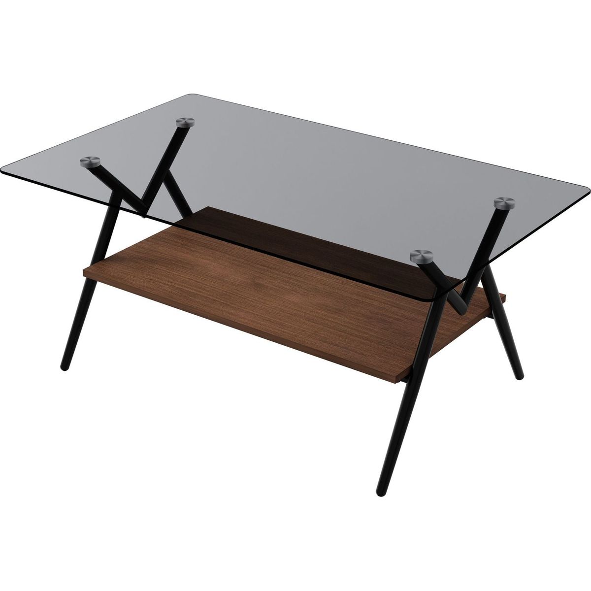 Rectangle Coffee Table with Tempered Glass top and Brown MDF Shelf, Modern Table for Living Room, Gray Glass
