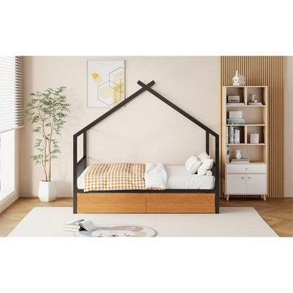 Full Size Metal House Bed with Two Drawers, Black