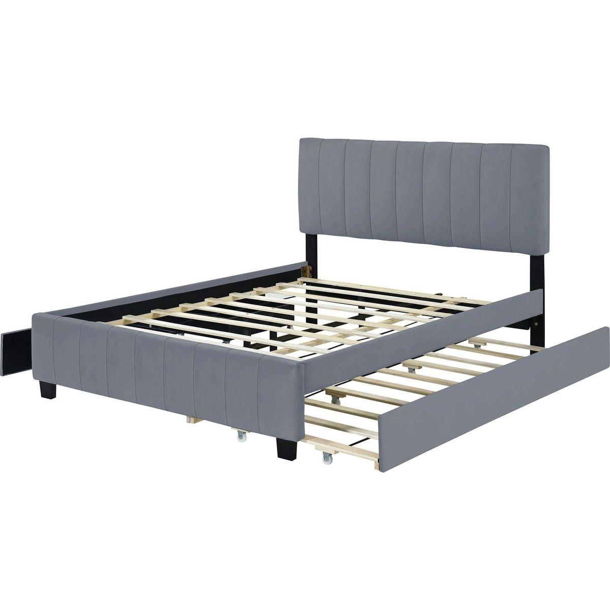 Queen Size Velvet Upholstered Platform Bed with 2 Drawers and 1 Twin XL Trundle- Gray - Streamdale Furniture
