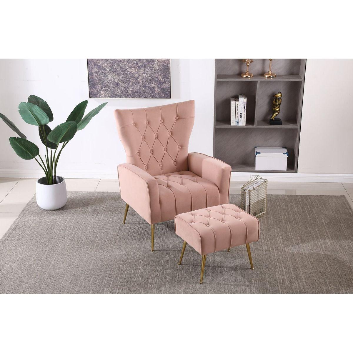 Modern Accent Chair with Ottoman, Comfy Armchair for Living Room, Bedroom, Apartment, Office (Pink)