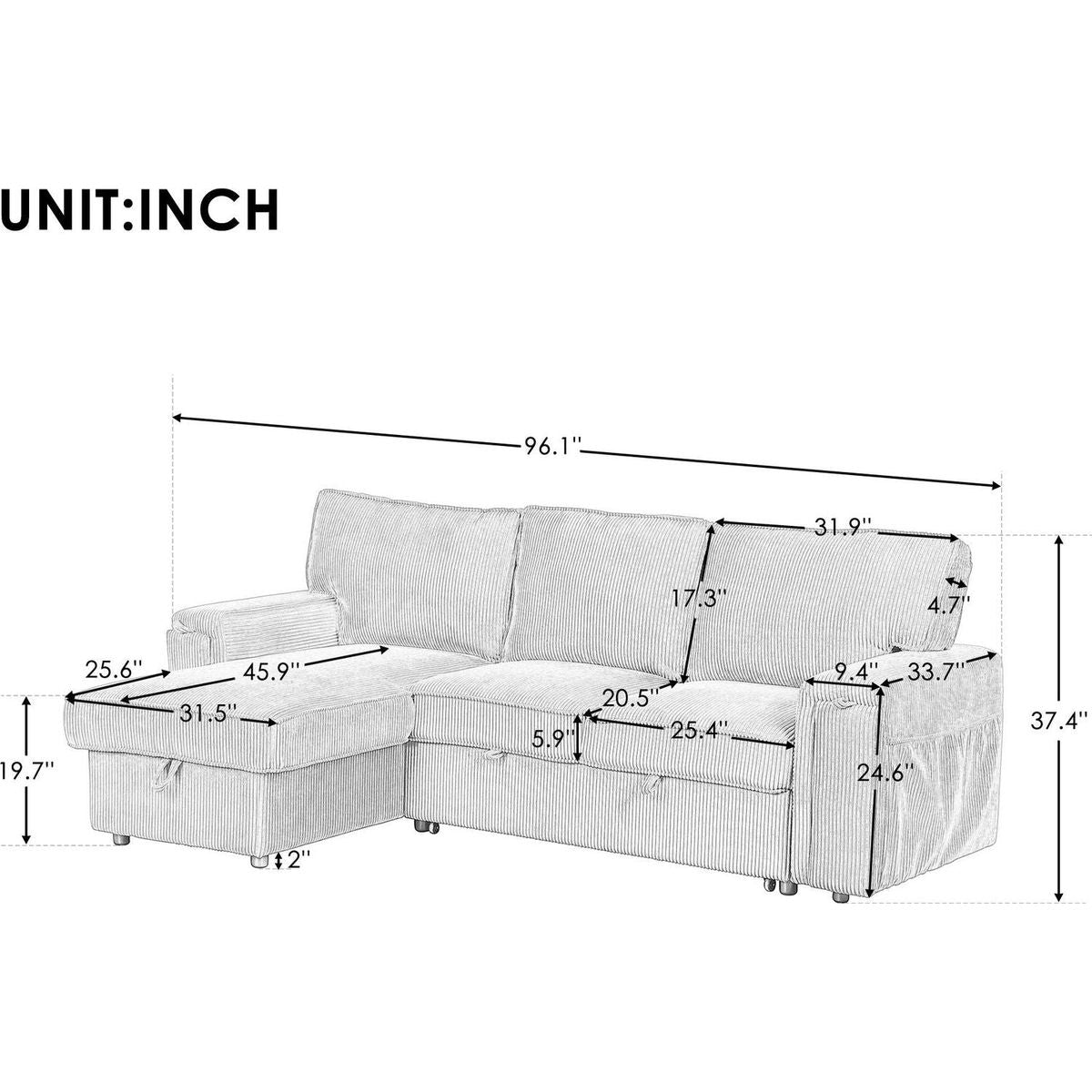 Upholstery Sleeper Sectional Sofa with Storage Bags and 2 cup holders on Arms
