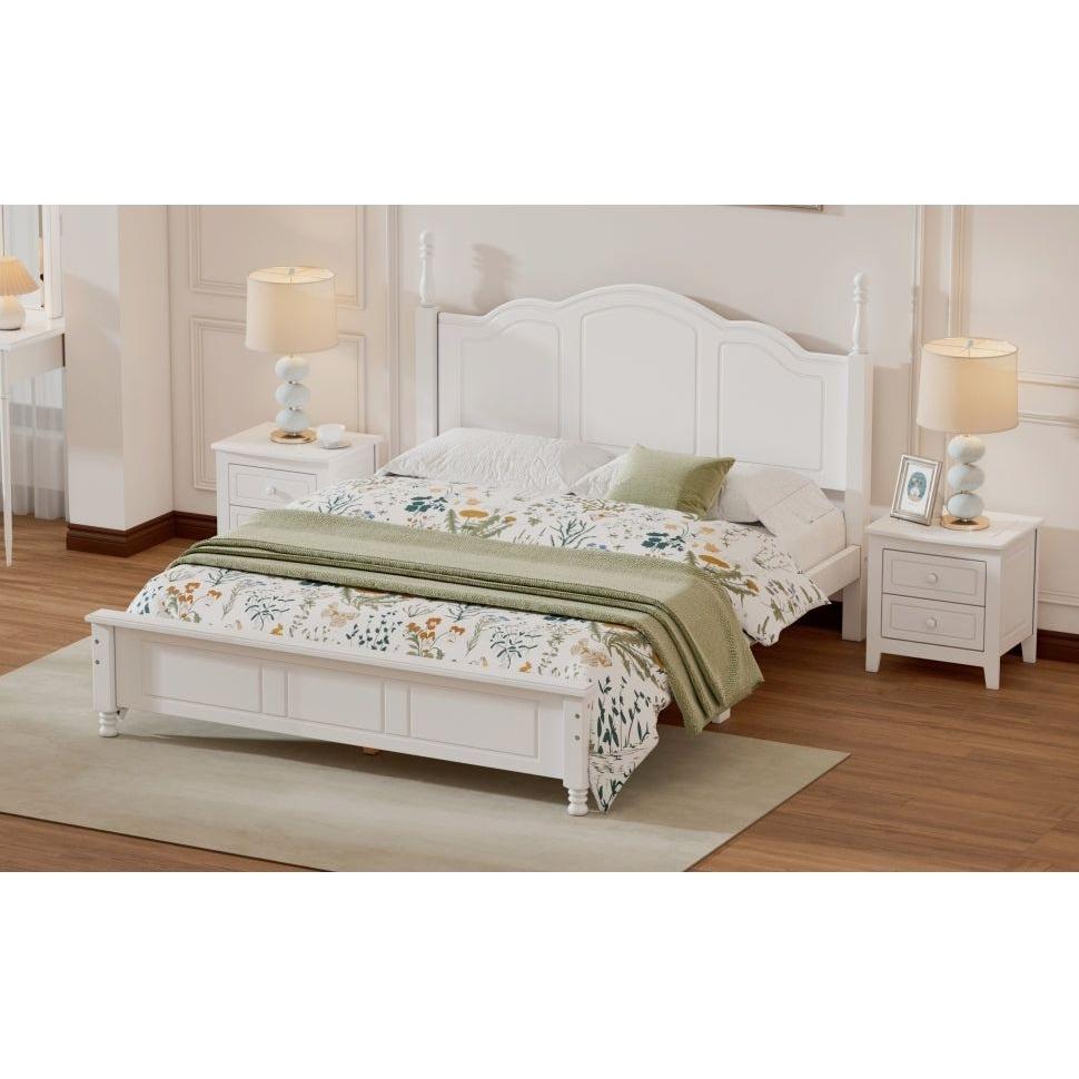 Queen Size Wood Platform Bed Frame,Retro Style Platform Bed with Wooden Slat Support,White