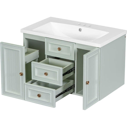 30" Wall Mounted Bathroom Vanity with Sink Combo, Functional Drawer, Solid Wood & MDF Board & Ceramic, Green