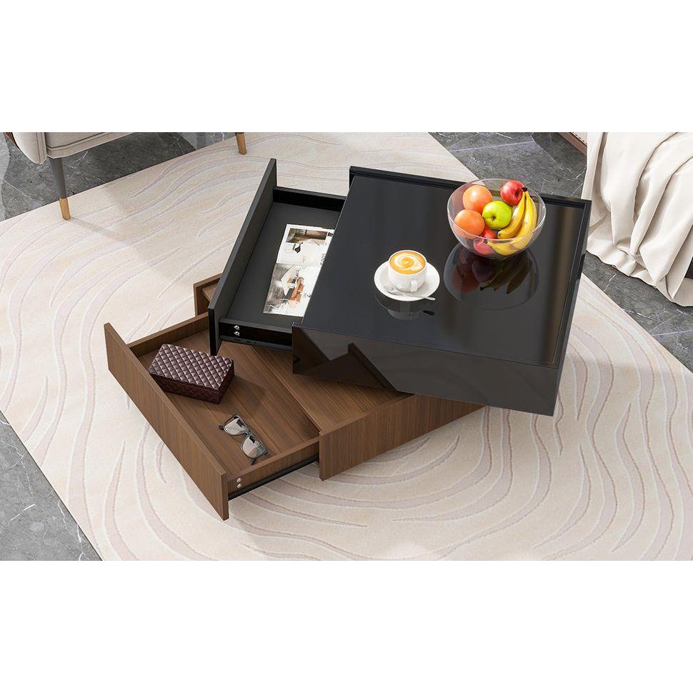 Multi-functional Square 360Rotating Coffee Table with 2 Drawers, High Gloss 2-Tier Center Table with Swivel Tabletop and Storage, Walnut Table Frame Side Table for Living Room, Black