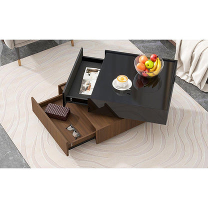 Multi-functional Square 360Rotating Coffee Table with 2 Drawers, High Gloss 2-Tier Center Table with Swivel Tabletop and Storage, Walnut Table Frame Side Table for Living Room, Black