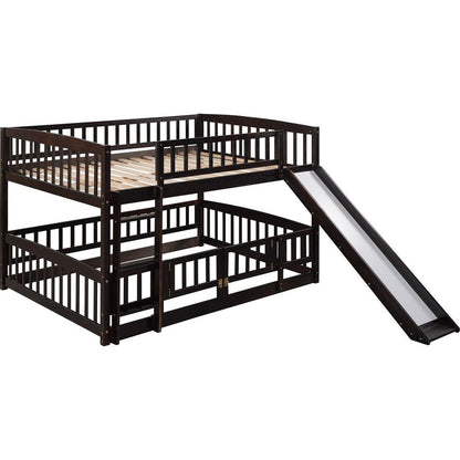 Bunk Bed with Slide,Full Over Full Low Bunk Bed with Fence and Ladder for Toddler Kids Teens Espresso
