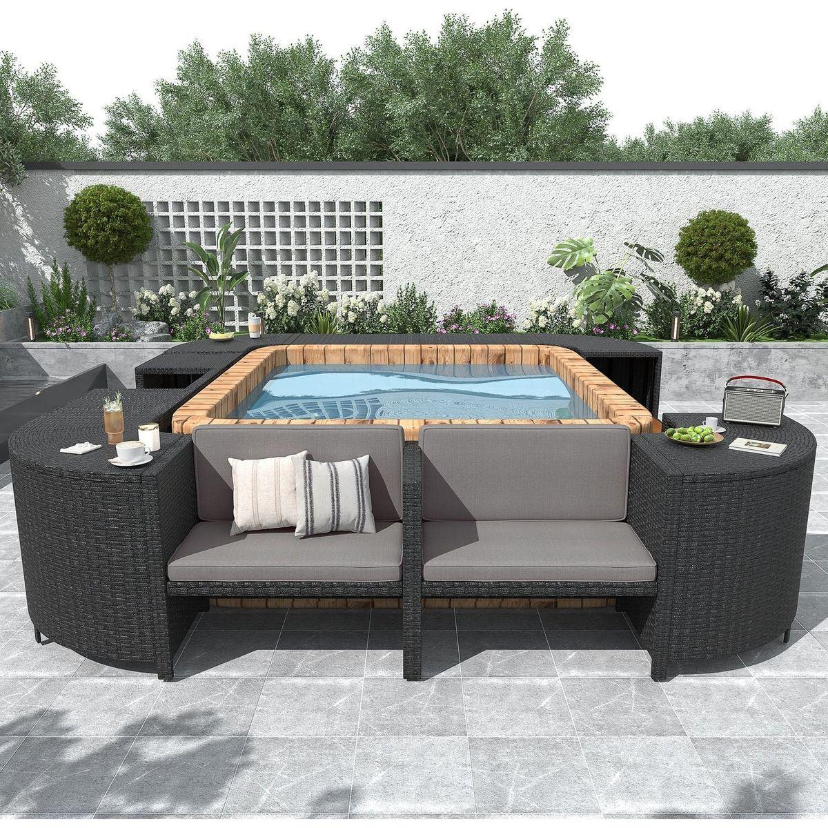 Spa Surround Spa Frame Quadrilateral Outdoor Rattan Sectional Sofa Set with Mini Sofa, Wooden Seats and Storage Spaces, Grey