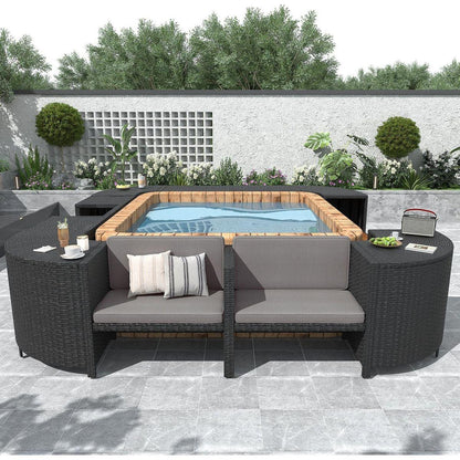 Spa Surround Spa Frame Quadrilateral Outdoor Rattan Sectional Sofa Set with Mini Sofa, Wooden Seats and Storage Spaces, Grey