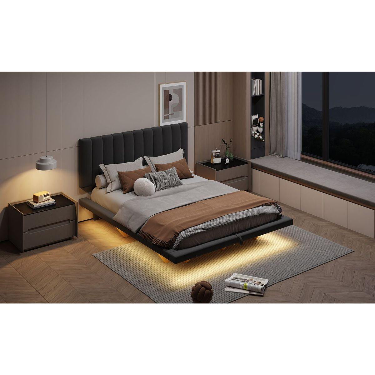 Queen Size Upholstered Floating Bed with LED Light and USB Port, Velvet, Gray, Hydrualic Platform Bed