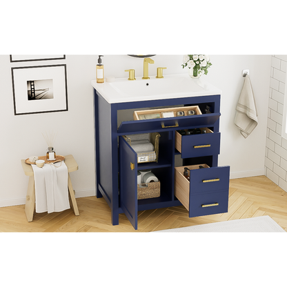 30-Inch Blue Bathroom Vanity with Ceramic Sink and Ample Storage - Ideal Choice for Small Bathrooms