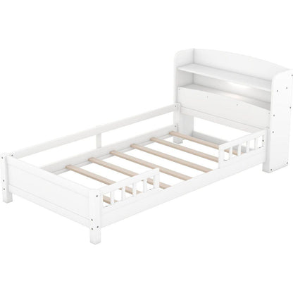 Wood Twin Size Platform Bed with Built-in LED Light, Storage Headboard and Guardrail, White