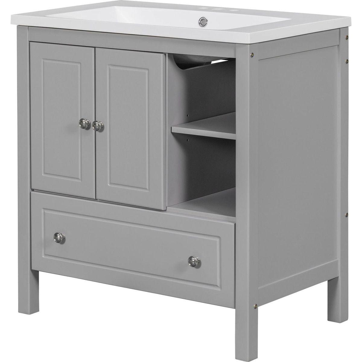 30" Bathroom Vanity with Sink, Bathroom Storage Cabinet with Doors and Drawers, Solid Wood Frame, Ceramic Sink, Grey