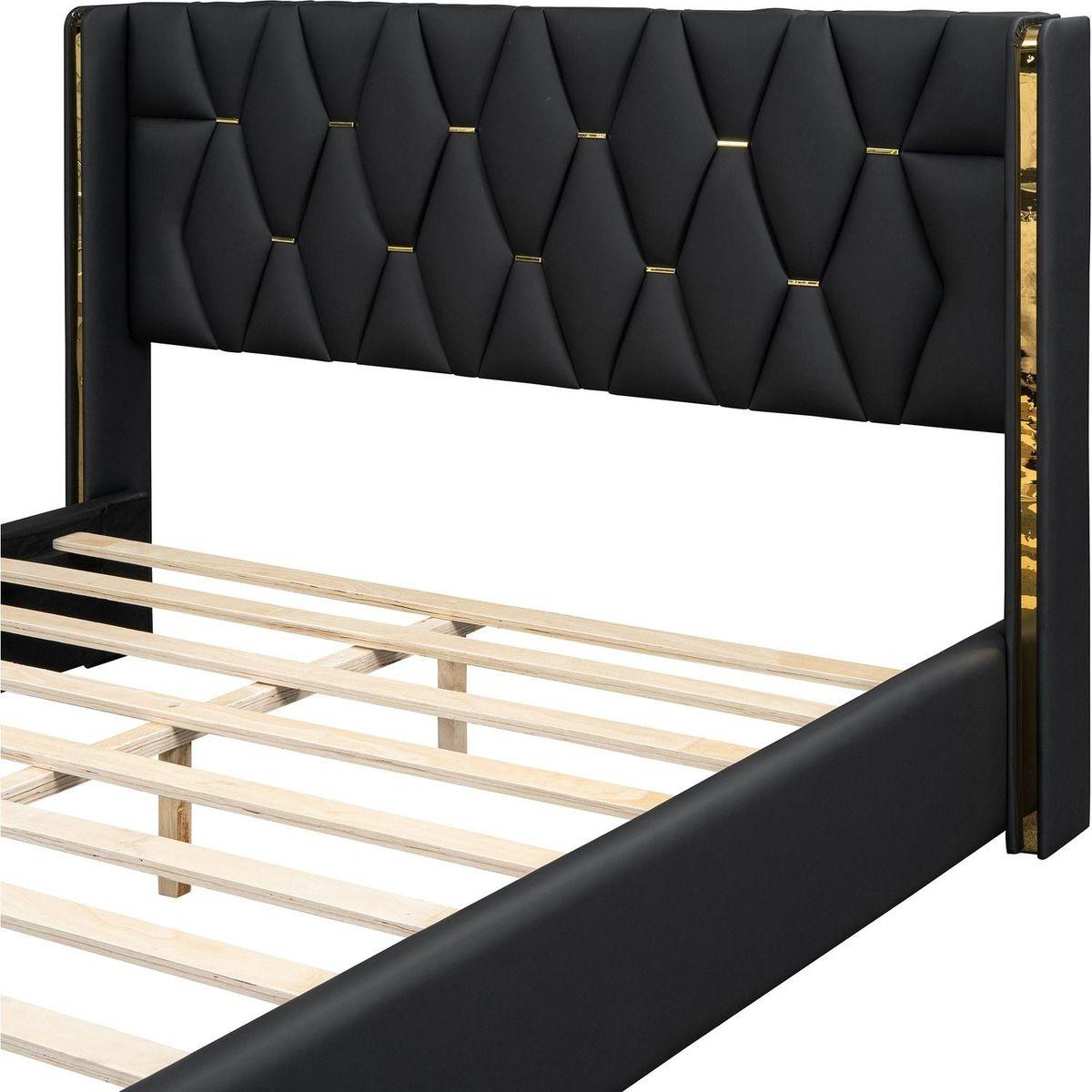 Full Size Upholstered Platform Bed with Metal Strips, Black