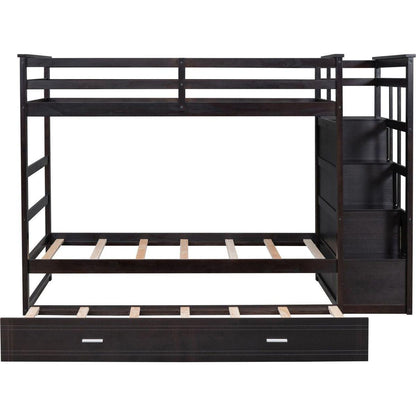 Twin Over Twin Bunk Bed with Trundle and Staircase,Espresso