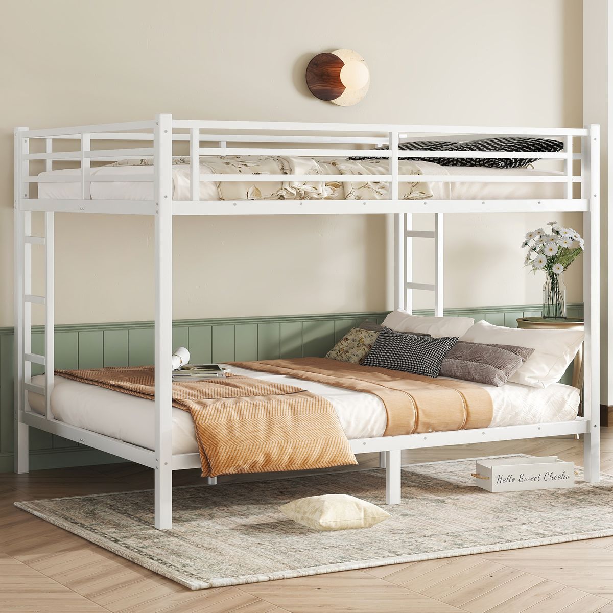 Metal Queen over Queen Bunk Bed for Teens and Adults,Space-Saving/Noise Reduced/No Box Spring Needed,White
