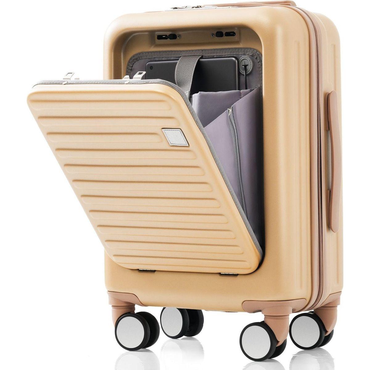 Luggage Set of 3, 20, 24, 28inch with USB Port, 20, 24inch with front opening design Airline Certified Carry on Luggage with Cup Holder, ABS Hard Shell Luggage with Spinner Wheels, Champagne