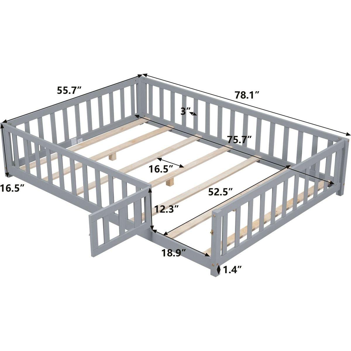 Full Size Floor Platform Bed with Fence and Door for Kids, Montessori Floor Bed Frame with Support Slats for Toddlers, Wooden Floor Bed Grey