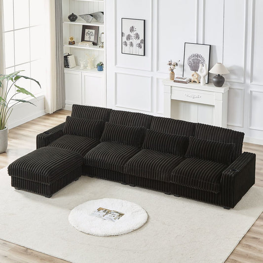 126-inch Corduroy With Cup Holder Super Large L-Shaped Sofa, Movable Footrest, Four Waist Pillows And Four Back Cushion, With USB Port And Type-C Port