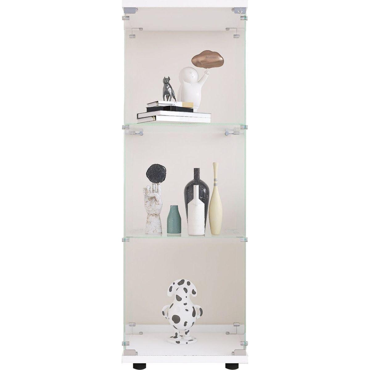 Glass Display Cabinet with 3 Shelves, One-Door Curio Cabinets for Living Room, Bedroom, Office, White Floor Standing Glass Bookshelf, Quick Installation