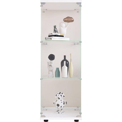 Glass Display Cabinet with 3 Shelves, One-Door Curio Cabinets for Living Room, Bedroom, Office, White Floor Standing Glass Bookshelf, Quick Installation