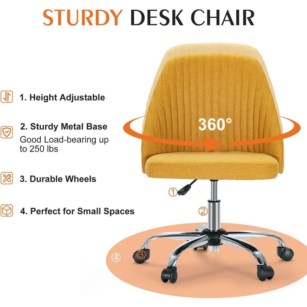 Armless Home Office Desk Chair with Wheels Adjustable Swivel Task Computer Vanity Chair for Small Spaces