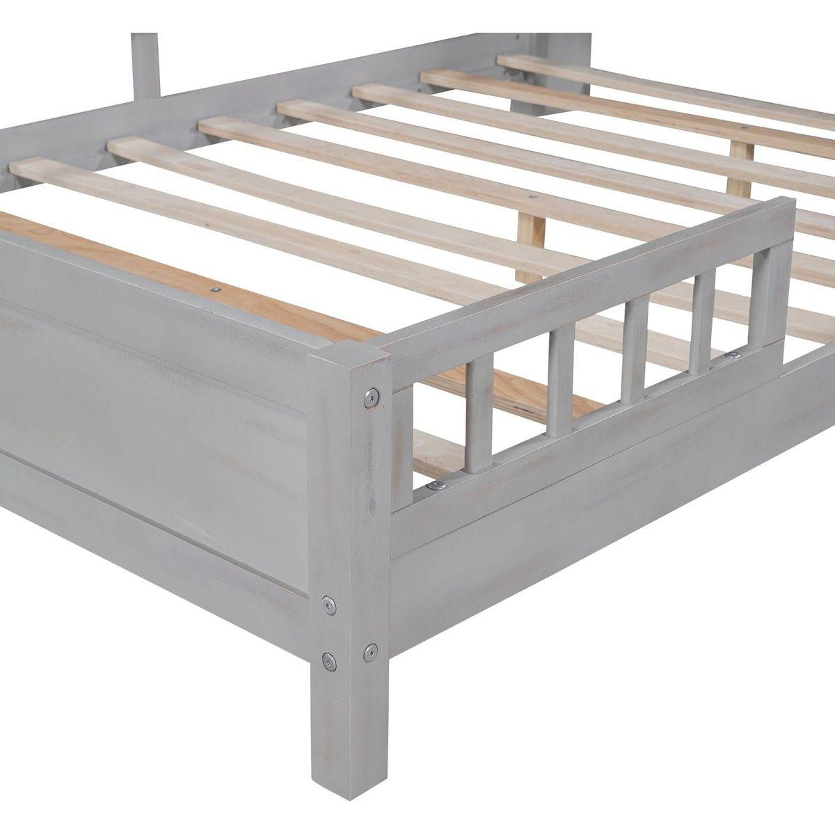 Wood Full Size Platform Bed with Built-in LED Light, Storage Headboard and Guardrail, Antique Grey
