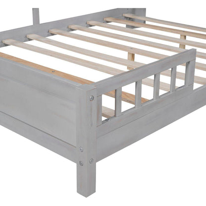 Wood Full Size Platform Bed with Built-in LED Light, Storage Headboard and Guardrail, Antique Grey
