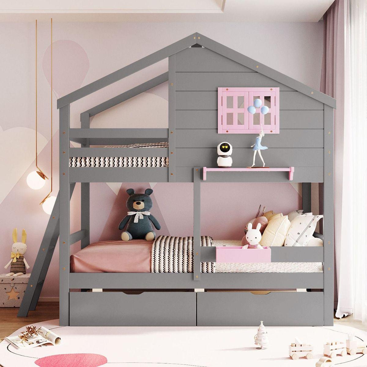 Twin over Twin Bunk Bed with 2 Drawers, 1 Storage Box, 1 Shelf, Window and Roof-Gray