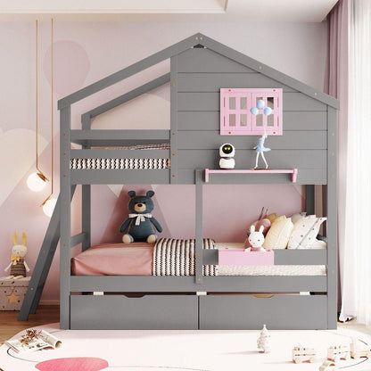 Twin over Twin Bunk Bed with 2 Drawers, 1 Storage Box, 1 Shelf, Window and Roof-Gray
