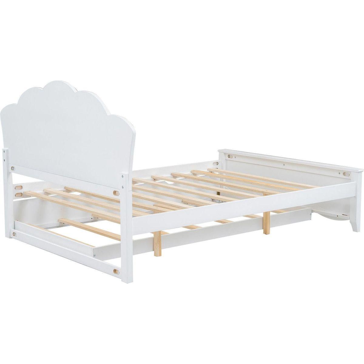 Full Size Wood Platform Bed with Headboard and Twin Size Trundle, White - Streamdale Furniture