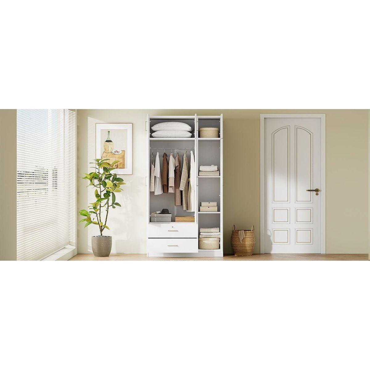 3-Door Mirror Wardrobe with 2 Drawers and Top Cabinet,White