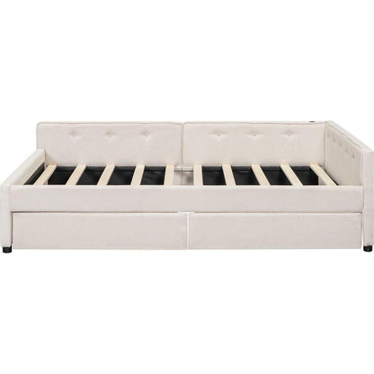 Full Size Upholstered Platform Bed with USB and 2 Drawers, Beige