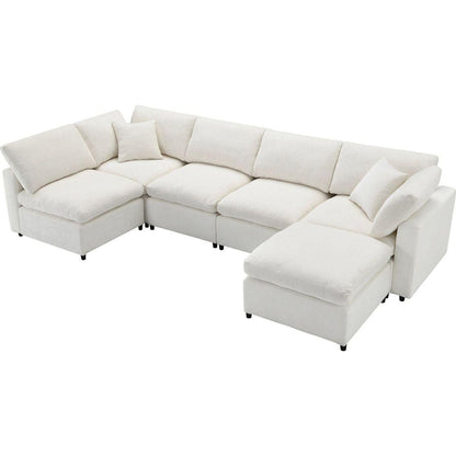 130x65" Modern Modular Cloud Sofa Bed, 6 Seat Chenille Sectional Couch Set with Ottoman,Free Combination,Convertible U Shaped Sleeper Sofa for Living Room, Apartment, 3 Colors