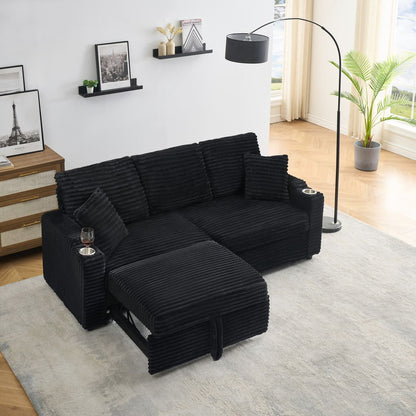 80-inch two-in-one folding sofa, foldable hidden lying function, corduroy fabric, equipped with cup holder and pillow, easily adapts to the living room space, black