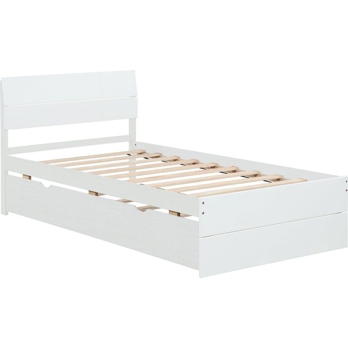 Modern Twin Bed Frame With Twin Trundle For White High Gloss Headboard and Footboard With Washed White Color