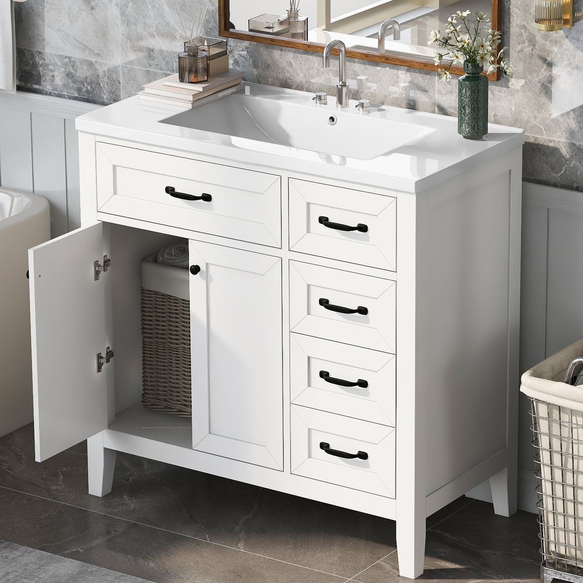 36' Bathroom Vanity with Sink Combo, White Bathroom Cabinet with Drawers, Solid Frame and MDF Board (Old Sku:JL000007AAK)