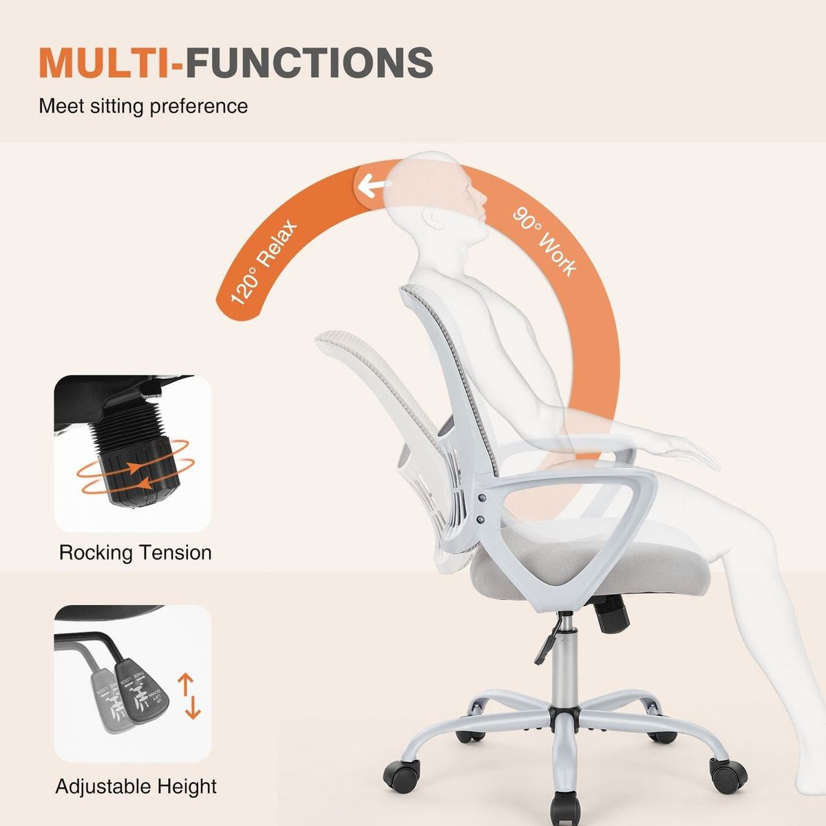 Ergonomic Office Chair Home Desk Mesh Chair with Fixed Armrest Executive Computer Chair with Soft Foam Seat Cushion