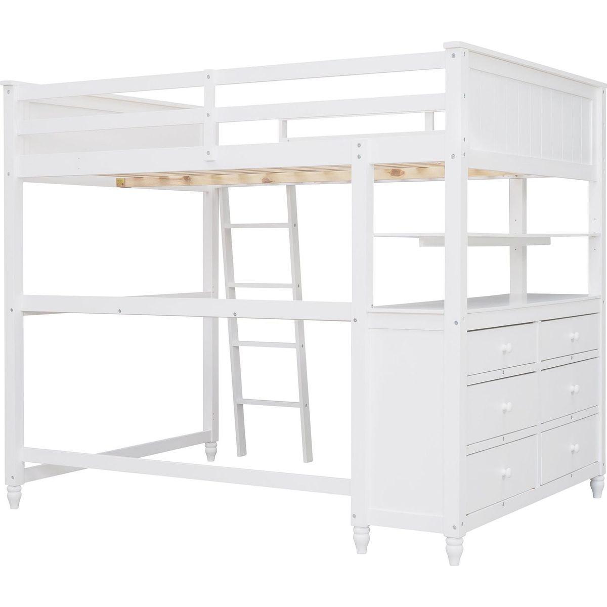 Full size Loft Bed with Drawers and Desk, Wooden Loft Bed with Shelves - White
