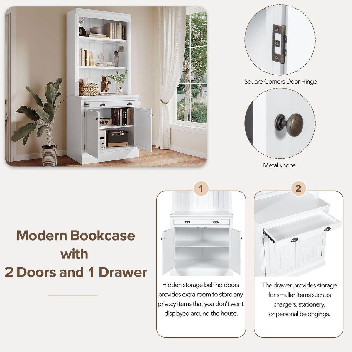 83.4"Tall Bookshelf with LED Lighting, Modern Bookcase with 2 Doors and 1 Drawer,Storage Bookcase with Open Shelves for Living Room,Home Office,White