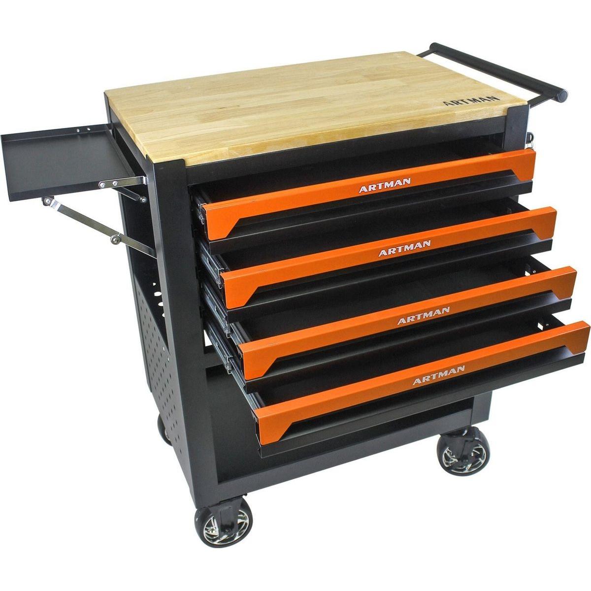 4 DRAWERS MULTIFUNCTIONAL TOOL CART WITH WHEELS AND WOODEN TOP-ORANGE