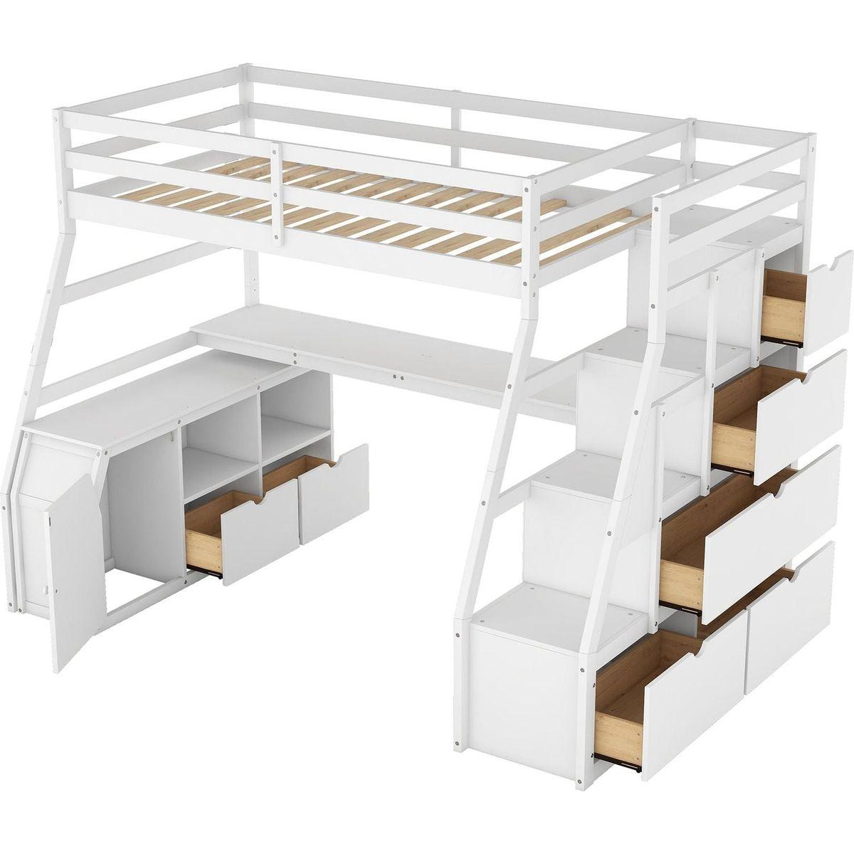 Twin Size Loft Bed with 7 Drawers 2 Shelves and Desk - White