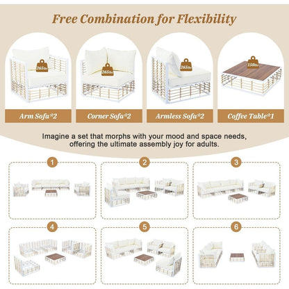 Modern Minimalist 7-Piece Metal Patio Sectional Sofa Set, All-Weather Garden Conversational Furniture Set with Thick Cushions and Coffee Table for Indoor Outdoor, White