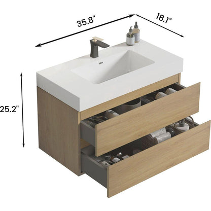 U042-Alice36-106 Alice 36" Oak Bathroom Vanity with Black Sink, Large Storage Wall Mounted Floating Bathroom Vanity for Modern Bathroom, One-Piece Black Sink Basin without Drain, Pre-assembled