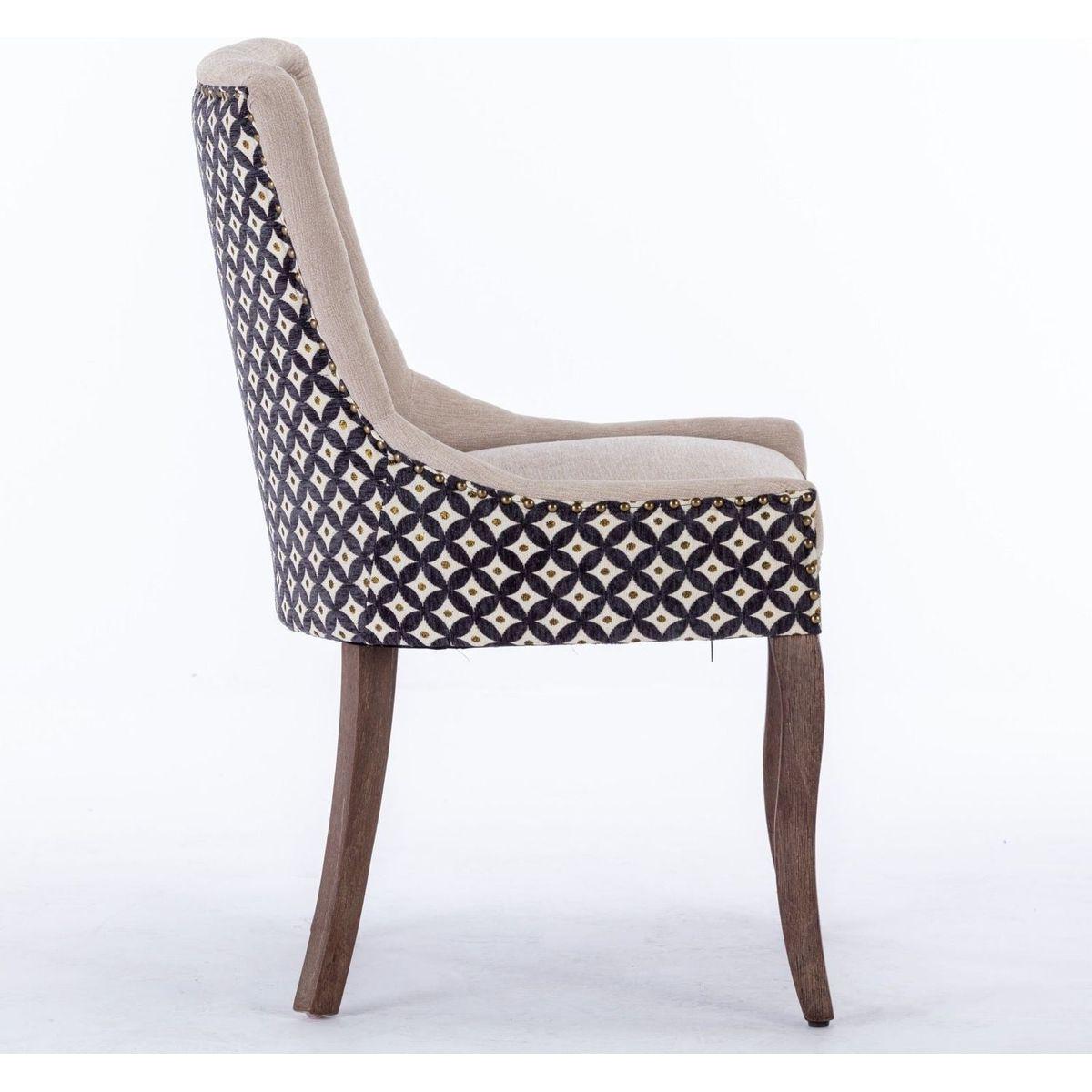 Ultra Side Dining Chair, Thickened fabric chairs with neutrally toned solid wood legs, Bronze nail head, Set of 2, Beige and Patterned