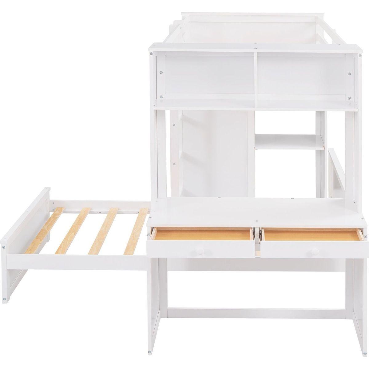 Twin size Loft Bed with a Stand-alone bed, Shelves,Desk,and Wardrobe-White