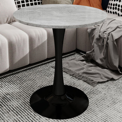 27.6-inch black coffee table, mid-century modern style dining table, accommodates 2-4 people, featuring a round light gray textured marble tabletop, suitable for various settings.