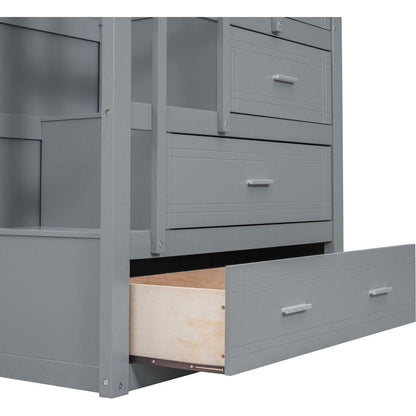 Twin Over Twin Bunk Bed with Trundle and Staircase,Gray