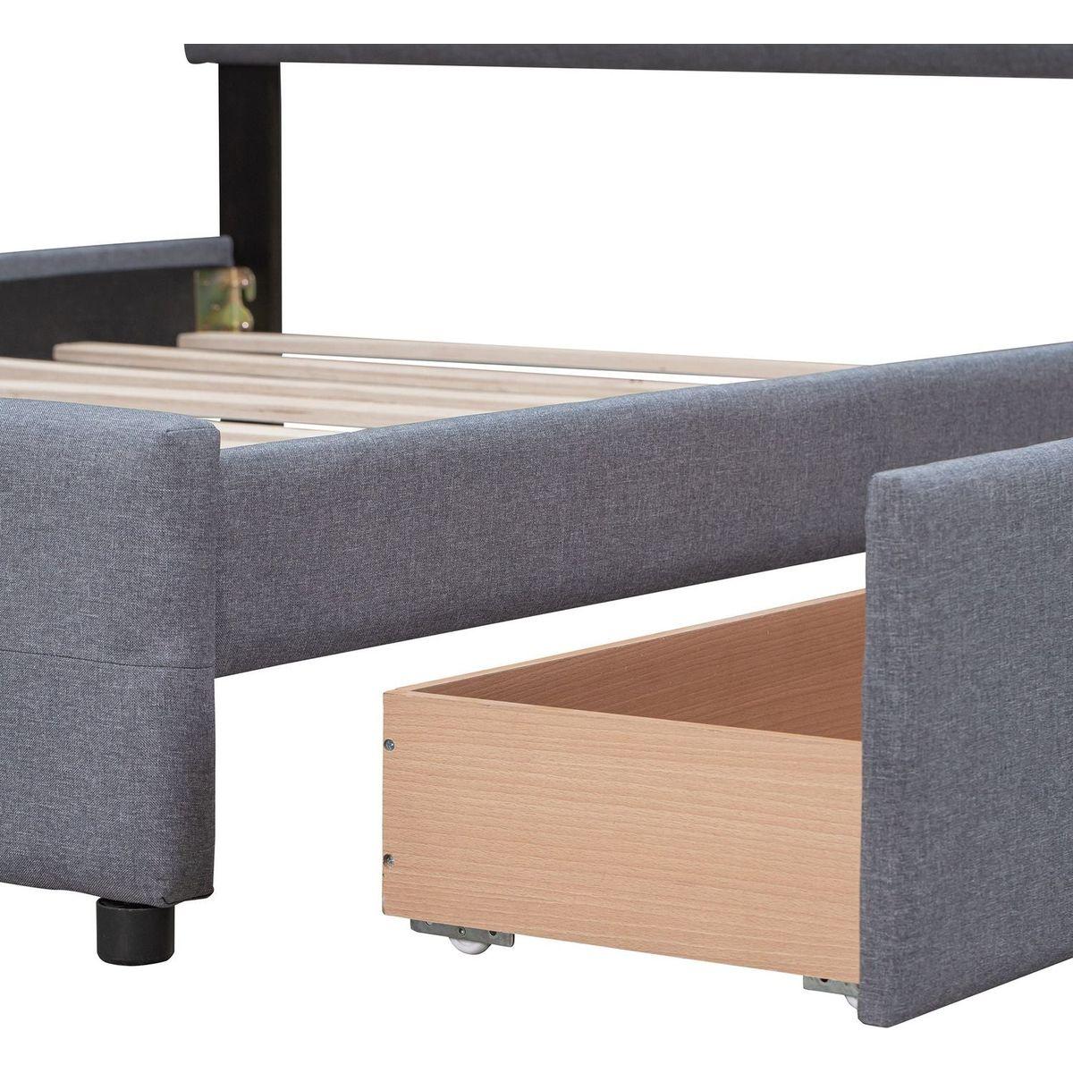 Upholstered Platform Bed with Classic Headboard and 4 Drawers, No Box Spring Needed, Linen Fabric, Queen Size Dark gray